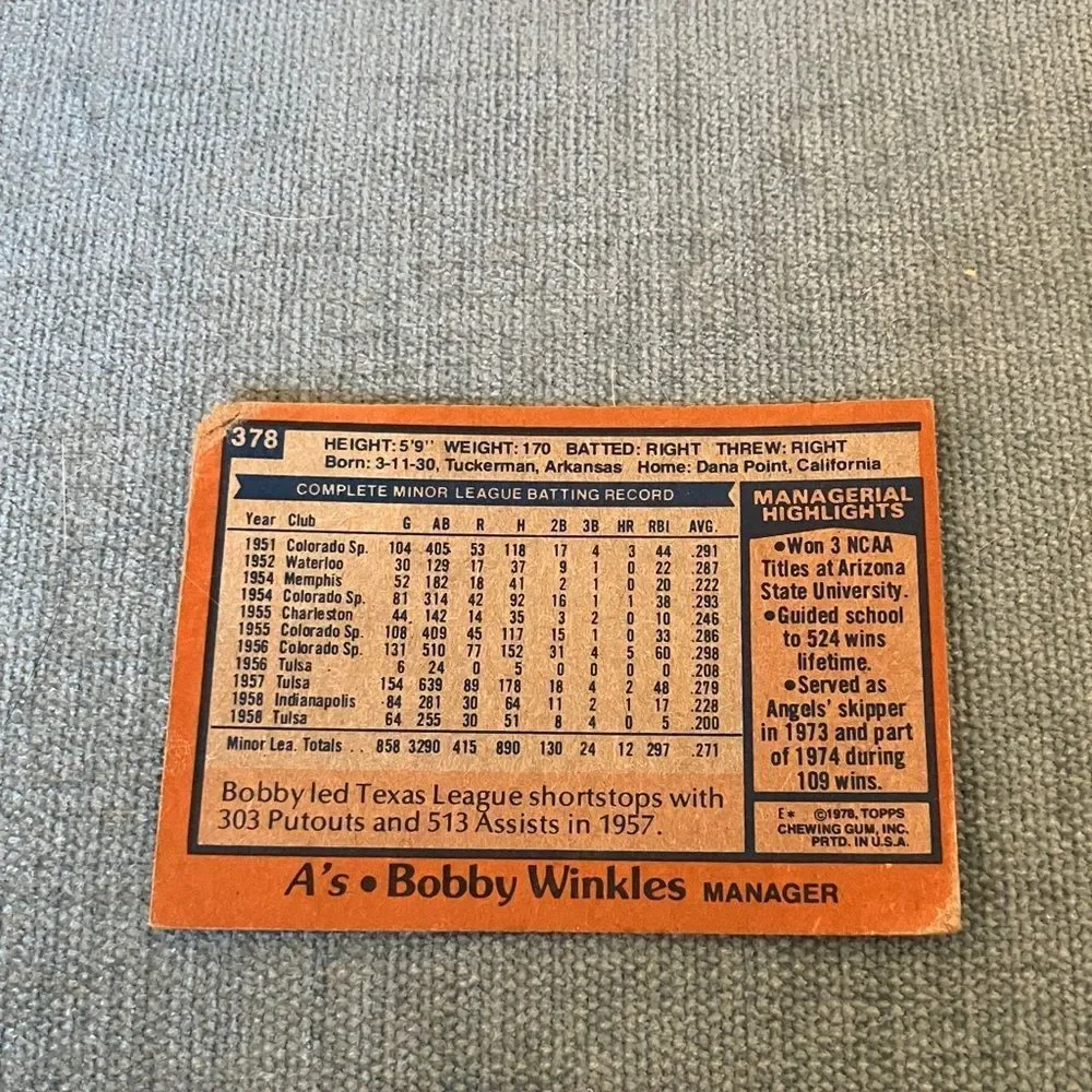 1978 Topps Oakland A's Baseball Card Trading Card